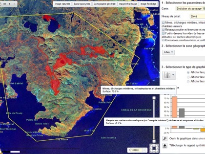 Observez l'évolution des paysages : ici, en 12 ans, les infrastructures minières et réseaux routiers se sont développés au détriment de formations végétales comme le maquis minier